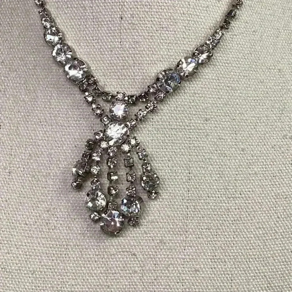 Rhinestone Bling Necklace with Rhinestone Dangle Drops Pendant Vintage 1950’s - Picture 2 of 3